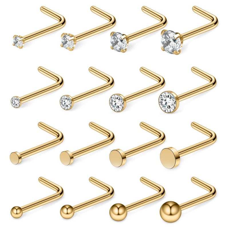 Ruifan 16PCS 18G Surgical Steel 1.5mm 2mm 2.5mm 3mm Top Flat & Ball & Clear Round & Jeweled Clear CZ Curved Nose Stud Ring L Shaped Piercing Jewelry - Gold - Image 1
